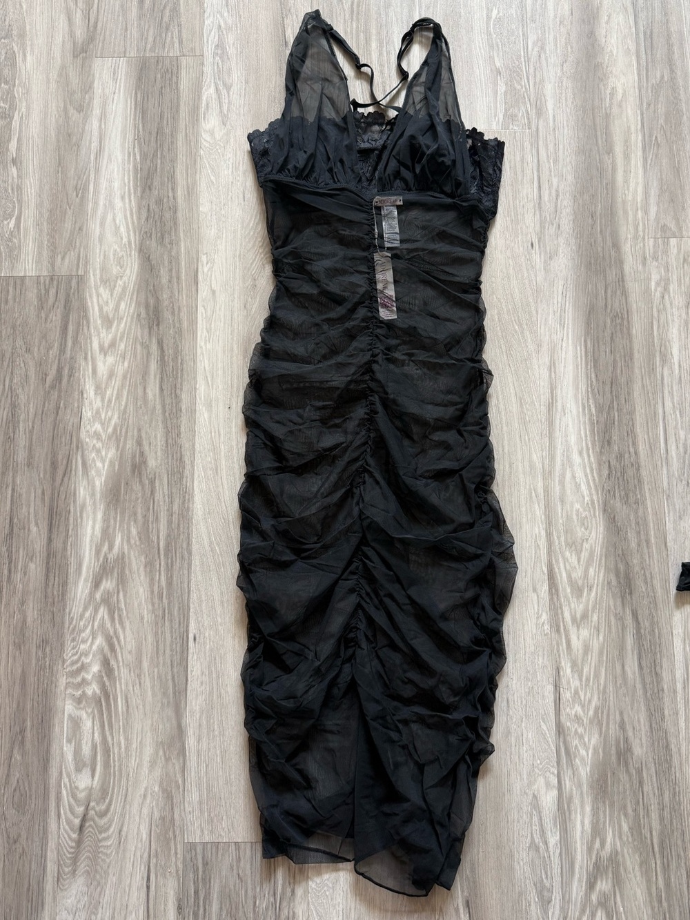 Adore Me Black Ruched Sheer Midi Slip Dress
